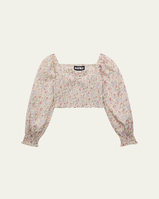 Girl's Floral-Print Smocked Top, Size S-X